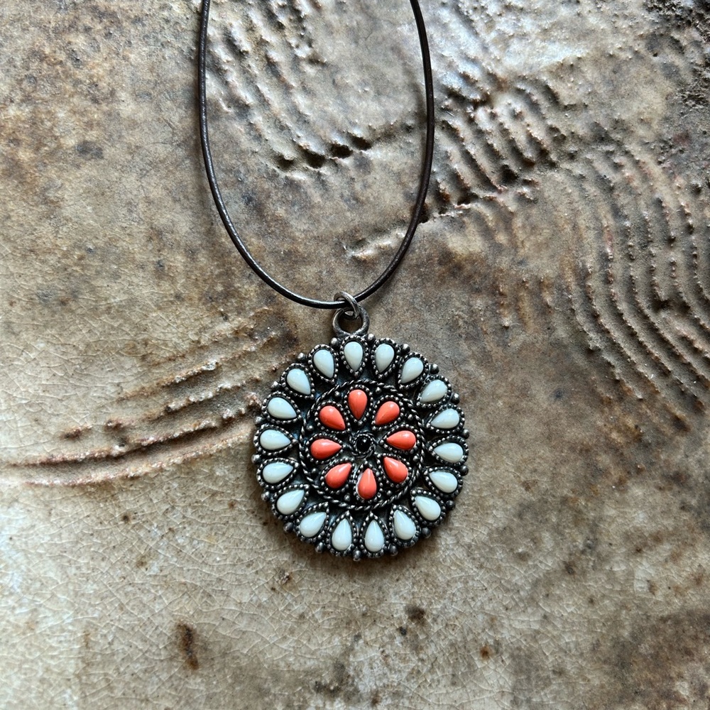 Coral & White Floral Medallion Pendant Necklace